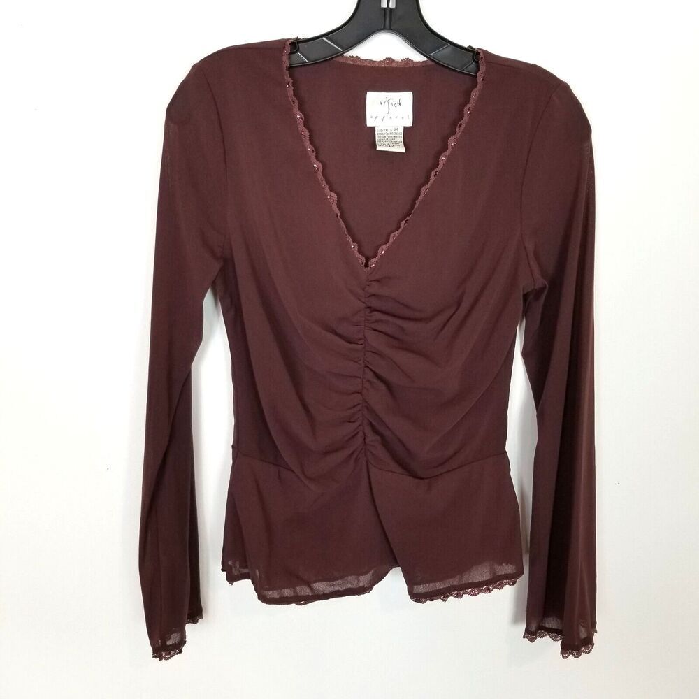 Vision Apparel Women Babydoll Top Blouse‎ Sz M Brown Long Sleeve Y2K Whimsigoth